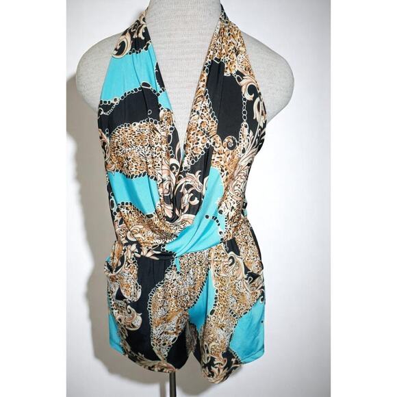Vintage Halter Romper Leopard Baroque Print Aqua Black Gold – Made in USA – Smal - Picture 1 of 7